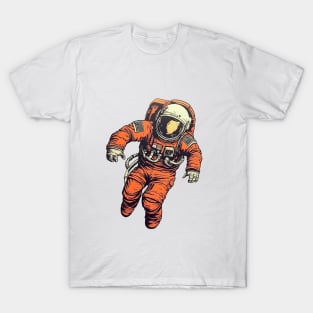 astronaut in orange space suit flying through the air T-Shirt